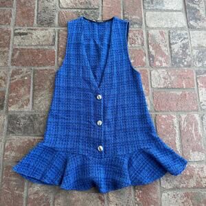 Zara Tweed Ruffle Mini Dress Blue Button V-Neck Sleeveless Size S